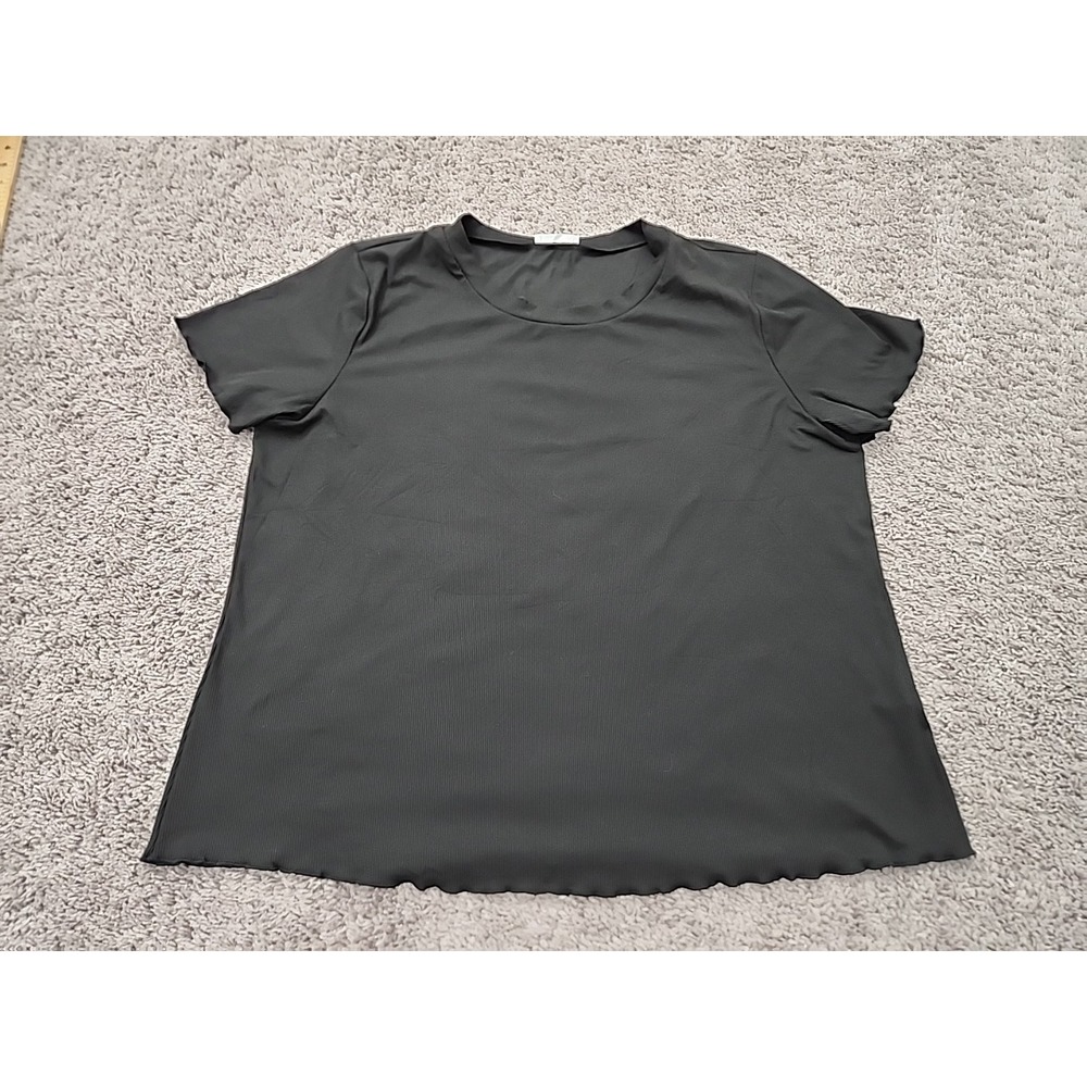 Ekouaer Top Womens 2XL Black Short Sleeve Lettuce Trim Ribbed Knit Casual